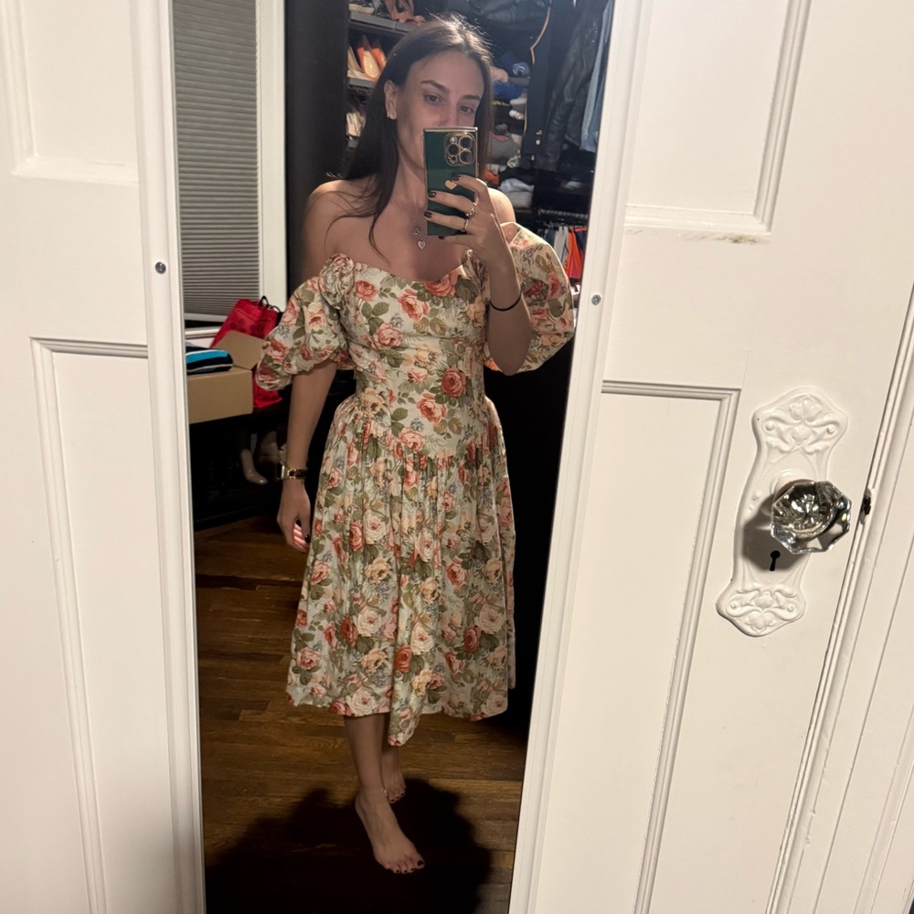 Vintage 80s/90s Jessica McClintock Floral Off Shoulder Puff Sleeve Midi Dress XS